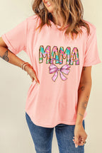 Pink Floral MAMA Bowknot Print Crewneck T Shirt