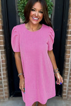 Bright Pink Corded Crew Neck Puff Sleeve Mini Dress