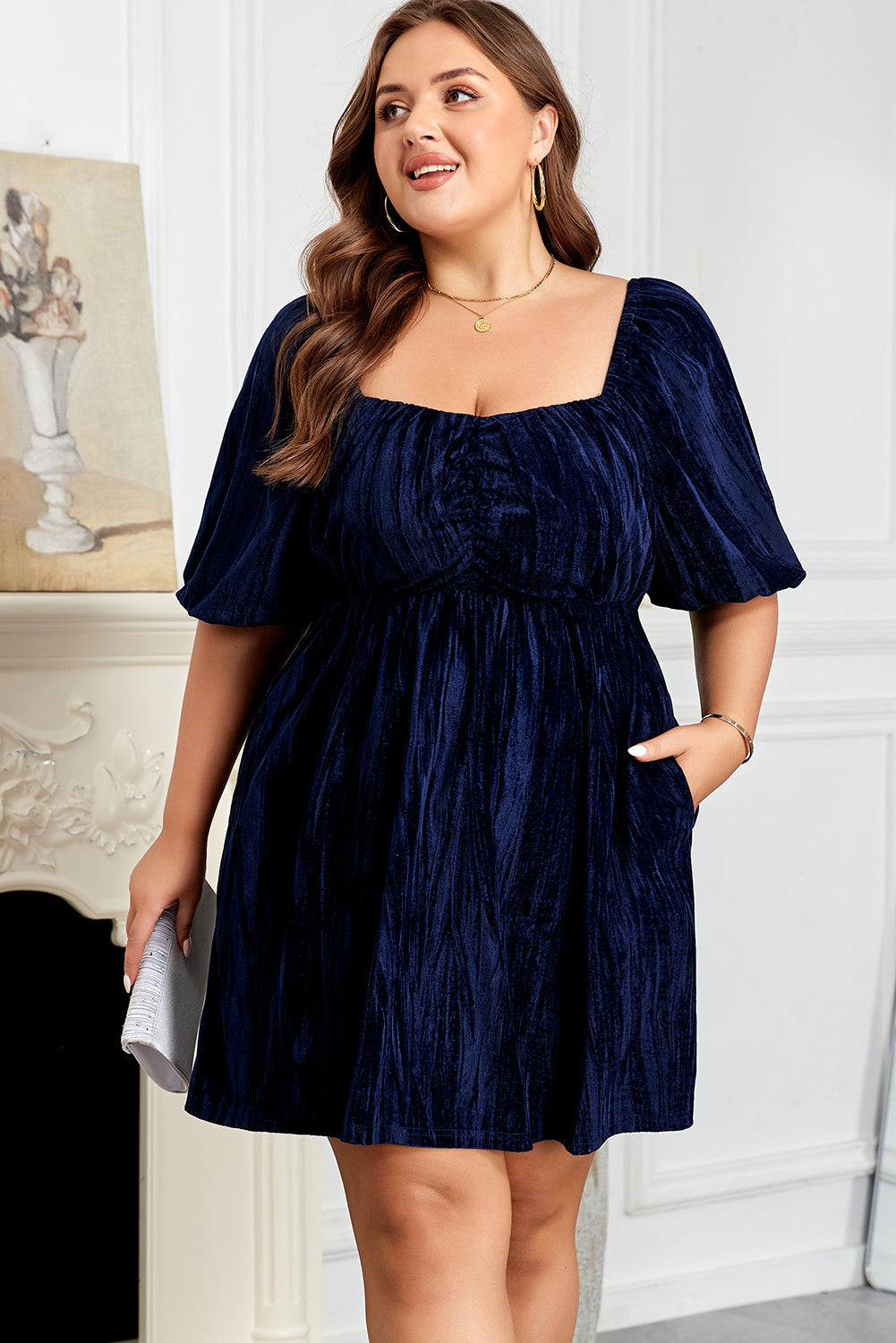 Navy Blue Velvet Ruched Bust Square Neck Short Puff Sleeve Plus Dress