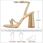 Ribongz Womens Size 8 Shiny Gold Open Toe Ankle Strap 4" Block Heel Sandal Shoes