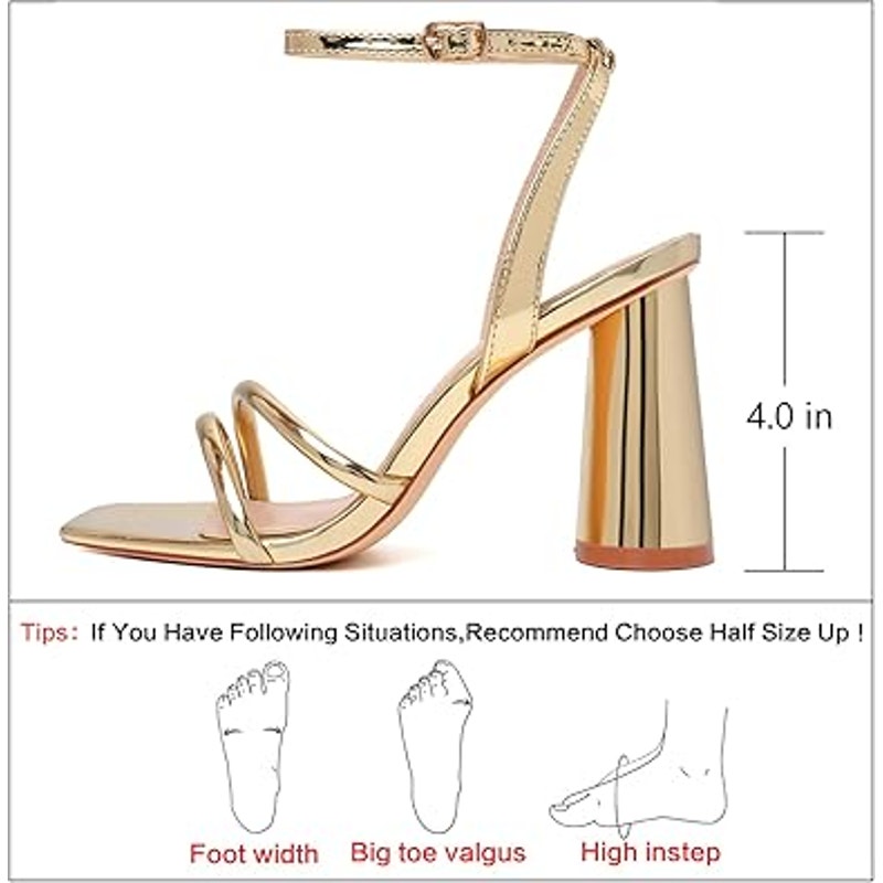 Ribongz Womens Size 8 Shiny Gold Open Toe Ankle Strap 4" Block Heel Sandal Shoes