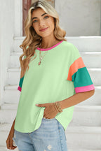 Pink Color Block Sleeve Round Neck Oversize Top