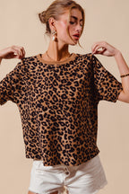 SO ME Leopard Thermal Waffle Knit Loose Fit Top
