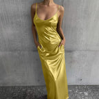 Textured Mirror-Finish U-Neck Slip Maxi Dress with Pockets