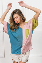 BiBi Slinky Knit Color Block V Neck Front Top