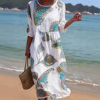 Women's 3D Floral Print Long-Sleeve A-Line Dress – Crew Neck Loose Fit