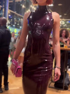 Patent Leather Halter Cross-Strap Mermaid Maxi Dress