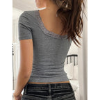 Women’s Y2K Lace Trim Slim Fit Tee – U-Neck Short Sleeve Top