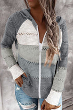 Multicolor Zipped Front Colorblock Hollow-out Knit Hoodie