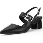 New Idifu Women 9 Black Faux Leather 2.75" Block Heel Pointy Toe Buckle Shoes