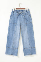 Prussian Blue Drawstring Seam Detail Raw Hem Wide Leg Denim Pants