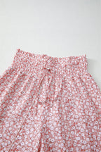 Pink Floral Shirred Side Slit Wide Leg Pants