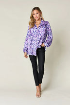 Double Take Full Size Printed Ruffle Trim Balloon Sleeve Shirt