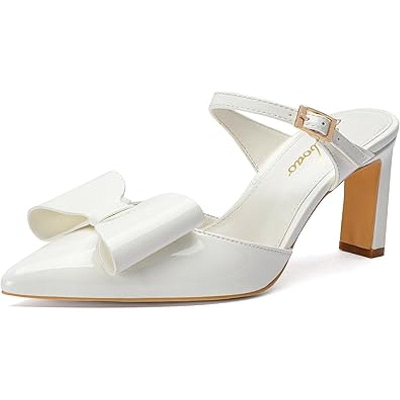 Geluboao Womens Size 7.5 White Faux Leather 3.5" Heel Closed Toe Bow Pump Shoes