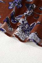 Brown Autumn Floral Print Smocked Cuffs Shift Blouse