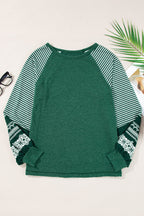 Tillandsia Purple Contrast Print Striped Raglan Long Sleeve Loose Top