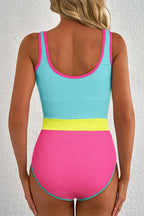 Rose Red Textured Colorblock One Piece Swimsuit