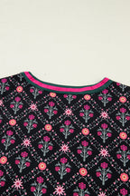 Black Contrast V Neckline Bracelet Sleeve Vintage Floral Blouse