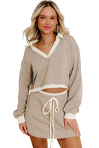 Parchment Raw Edge Detail Patchwork Cropped Pullover Drawstring Skirt Set