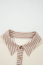Khaki Stripe Plus Size Color Block Patchwork Half Button Long Sleeve Peplum Blouse