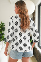 Green Damask Floral Print Contrast V Neck 3/4 Sleeve Blouse
