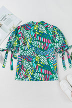 Green Geometric Print Puff Sleeve Notched Neck Blouse