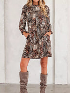Leopard Ruffled Detail Long Sleeve Loose Mini Dress