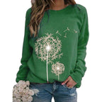 Womens Dandelion-Print Crew-Neck Long-Sleeve Loose Casual Sweatshirt