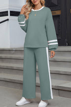 Gray Varsity Stripe Patchwork Puff Sleeve Pullover Drawstring Wide Leg Pant Set