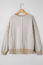 Black Stripe Ribbed Trim Drop Shoulder Long Sleeve Oversized Top