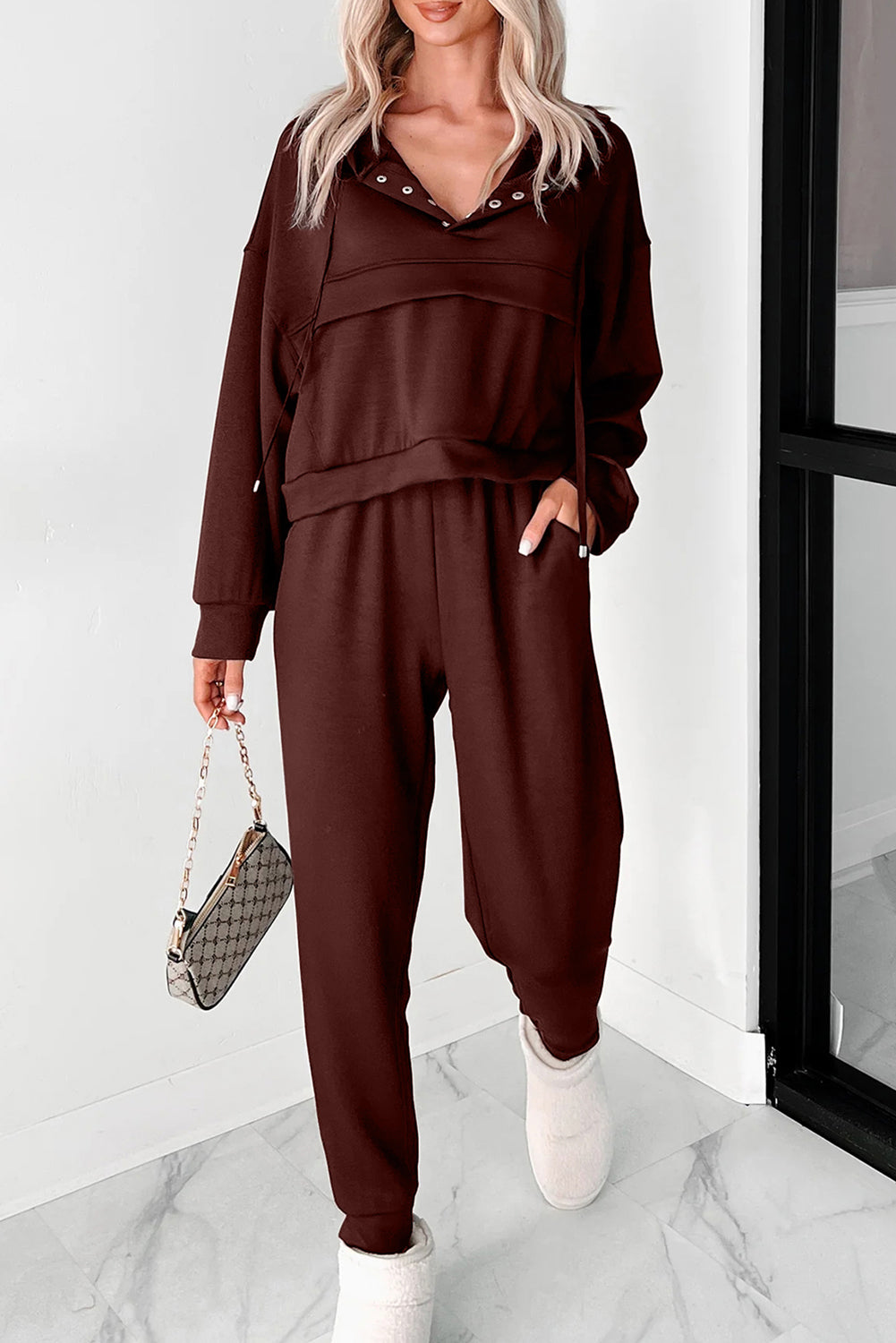 Chicory Coffee Button Drawstring Cropped Hoodie Jogger 2pcs Set