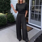 Women's Loose Crew-Neck T-Shirt & Wide-Leg Pants Two-Piece Set