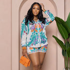 Women's Floral Print Long-Sleeve Top & Shorts Two-Piece Set
