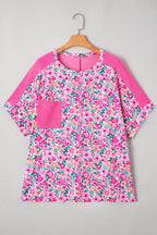 Pink Plus Size Floral Print Corded Patchwork Loose Top