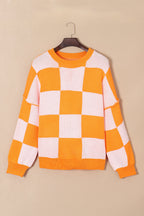 Dark Brown Plaid Bishop Sleeve Pullover Sweater