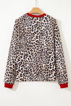Brown Leopard Print Contrast Trim Round Neck Long Sleeve Top