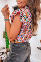 Orange Floral Print Shirred Stand Neck Flutter Shoulder Blouse