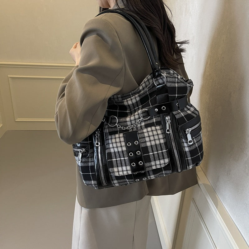 Plaid Crossbody Bag with Rivet Details