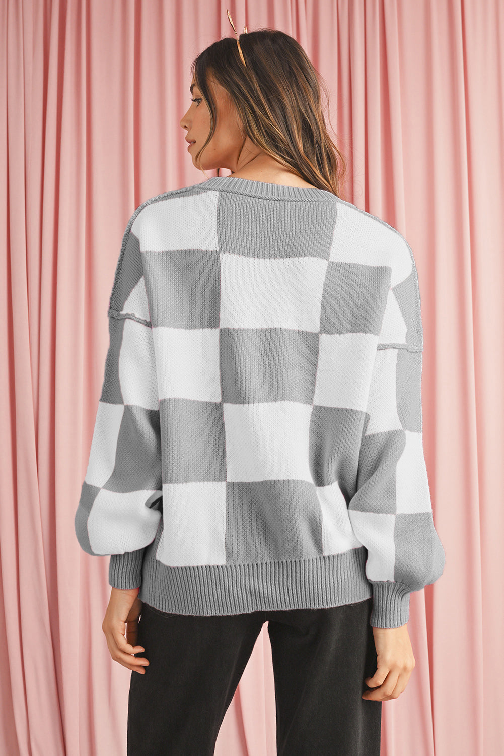 Dark Brown Plaid Bishop Sleeve Pullover Sweater