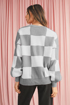 Dark Brown Plaid Bishop Sleeve Pullover Sweater