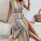 Women's Boho Geometric Print Puff Sleeve A-Line Maxi Dress – 3 Colors S–XL