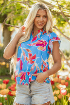 Sky Blue Floral Print V Neck Pompom Trim Flutter Sleeve Blouse