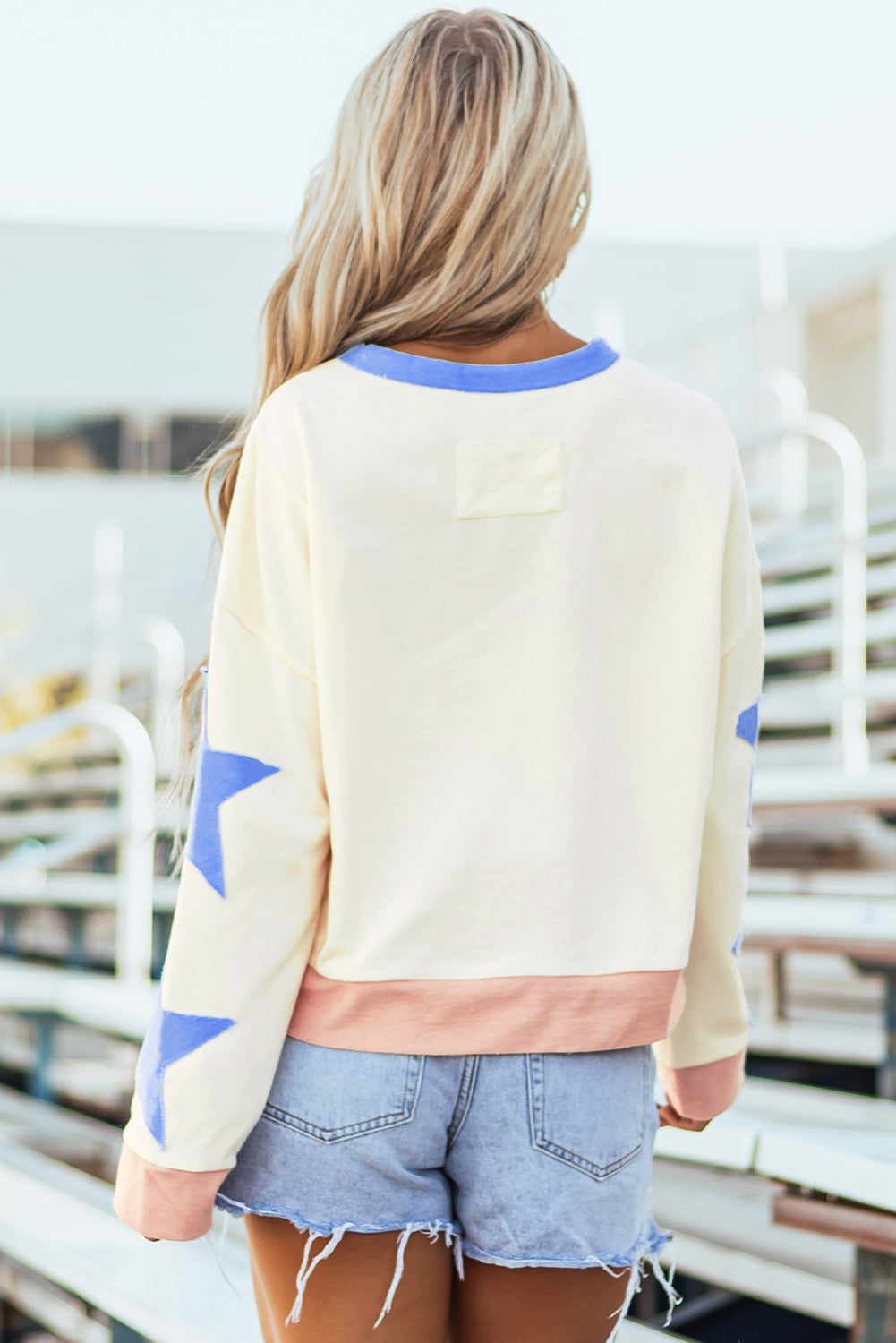 Beige Game Day Graphic Starry Patched Sleeve Contrast Trim Casual Sweatshirt