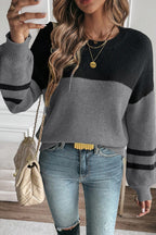 Dark Brown Color Block Knit Striped Sleeve Detail Casual Sweater