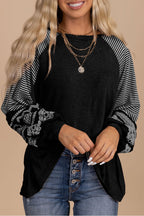 Tillandsia Purple Contrast Print Striped Raglan Long Sleeve Loose Top