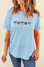Light Blue Basketball Bow Embroidered Womens T Shirt