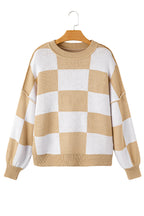 Dark Brown Plaid Bishop Sleeve Pullover Sweater
