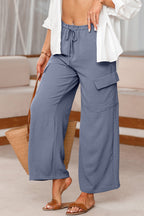 Dark Grey Drawstring Frilled Waist Wide Leg Utility Trousers
