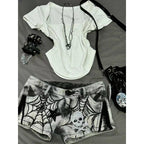 Womens American-style Spiderweb Print Diamond Skull And Star Denim Shorts