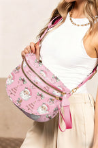 White HO HO HO Print Double Zip Crossbody Bag